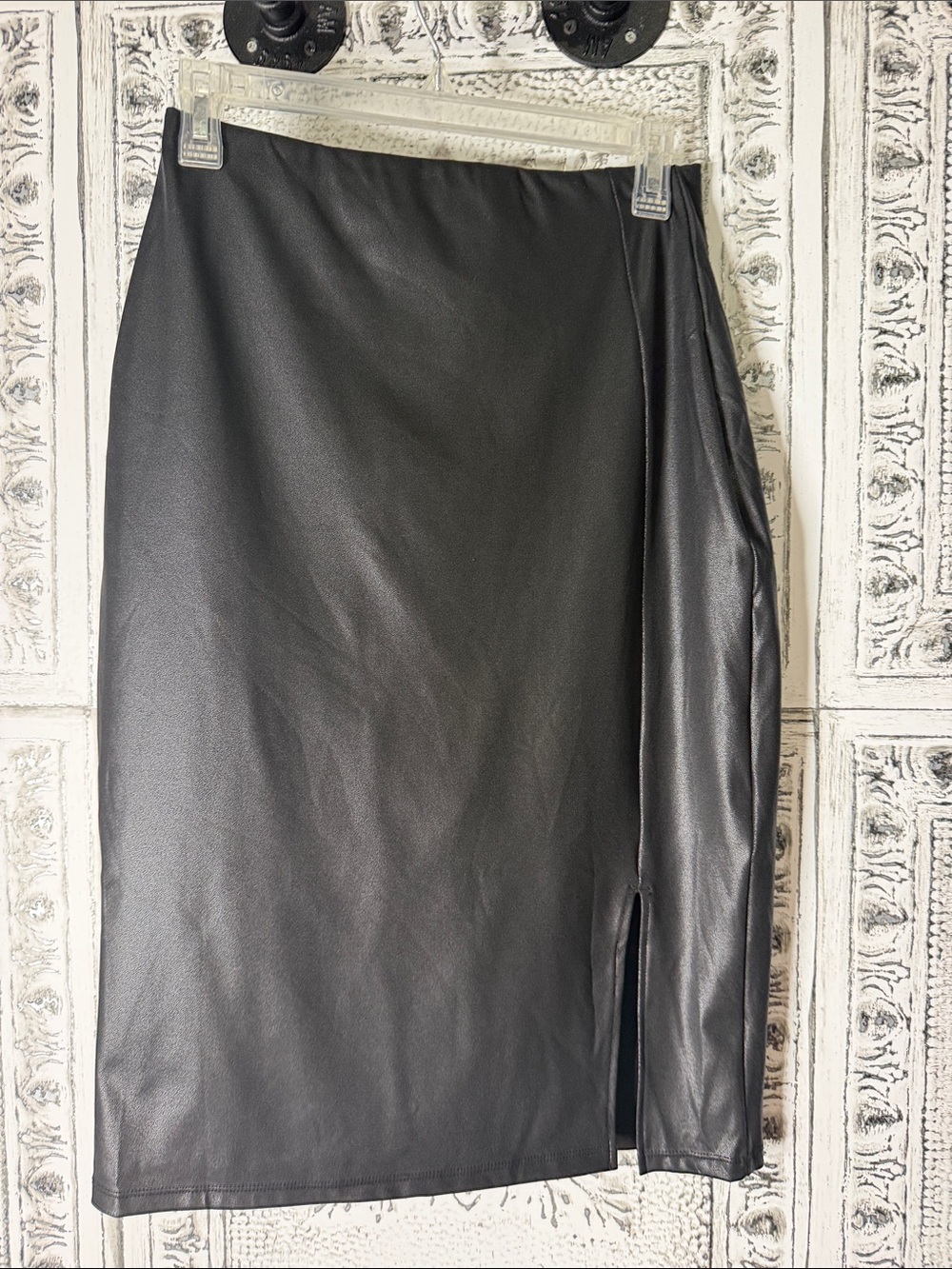 Popilush Black Faux Leather MIDI Skirt